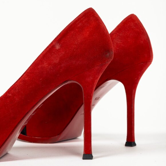 Yves Saint Laurent Tribtoo 80 Platform Poppy Suede & Nero Cap-Toe Pumps - Picture 7 of 9